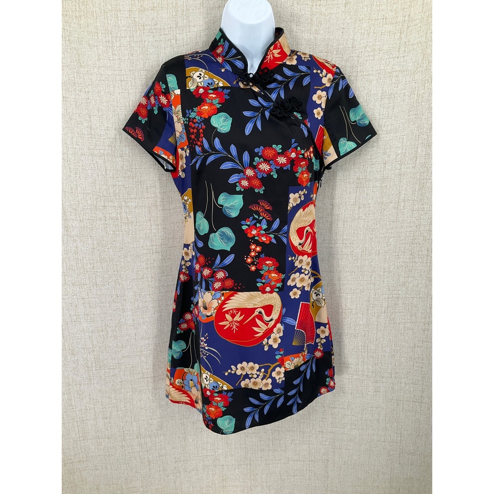 Zara‎ Cheongsam Mini Dress Women S Black Asian Floral Crane Oriental Y2K Boho